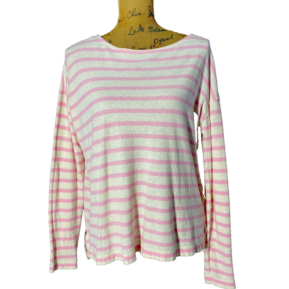 J.Crew Sweater SMALL Pink Cream Stripe Oversize Slouchy Long Sl Twill Top